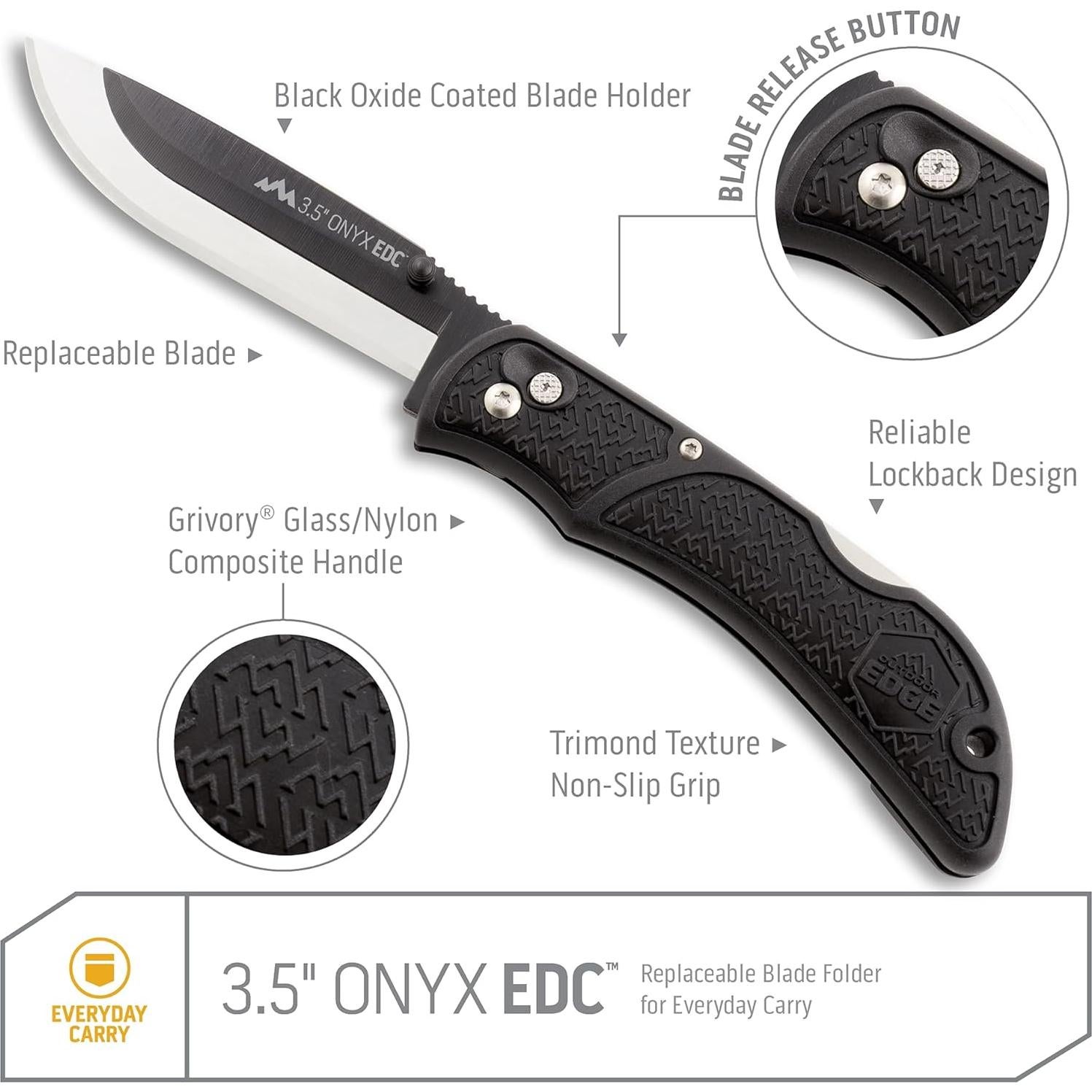Cuchillo de bolsillo Outdoor Edge Onyx EDC 8.9 cm con hoja reemplazable