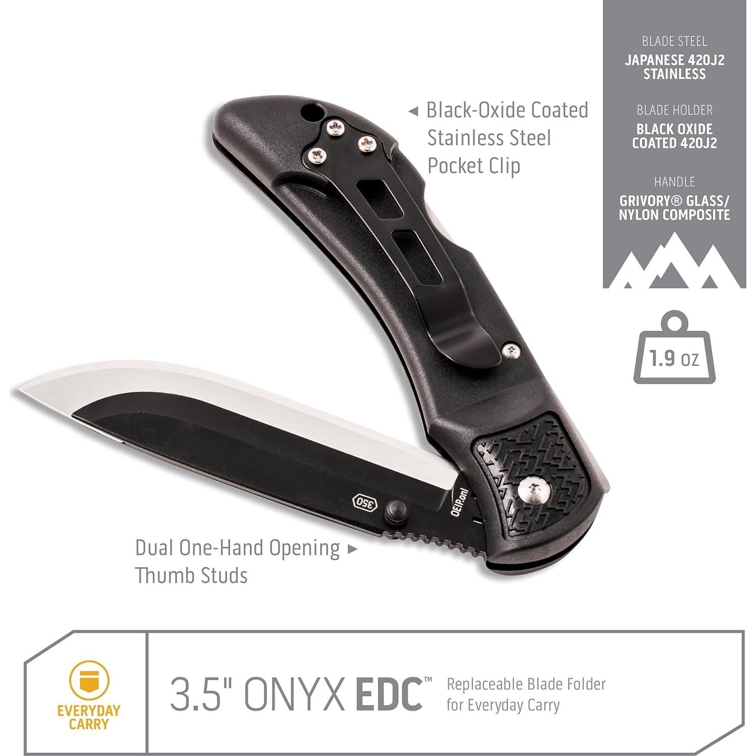 Cuchillo de bolsillo Outdoor Edge Onyx EDC 8.9 cm con hoja reemplazable