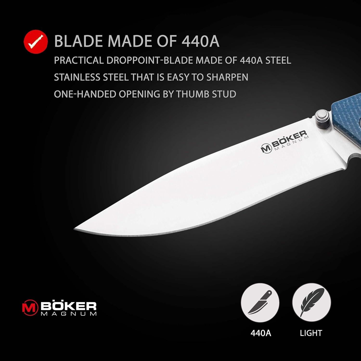 MAGNUM® Deep Blue Canvas EDC Knife - pocket knife with clip - Liner lock with Micarta handle scales blue - Outdoor - thumb pin - EDC folding knife