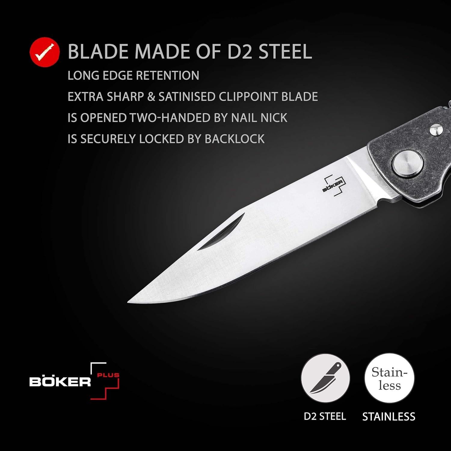 Atlas Backlock Clippoint - classic pocket folding knife with steel handle - D2 blade - Backlock knife case