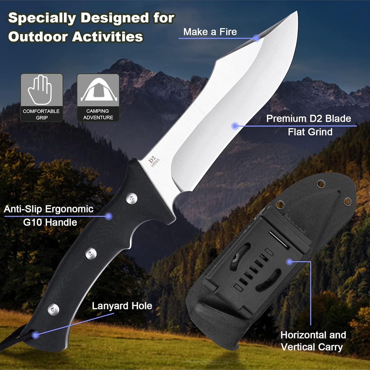 Cuchillo de Camping KOMWERO Hoja Fija Acero D2 con Funda Kydex