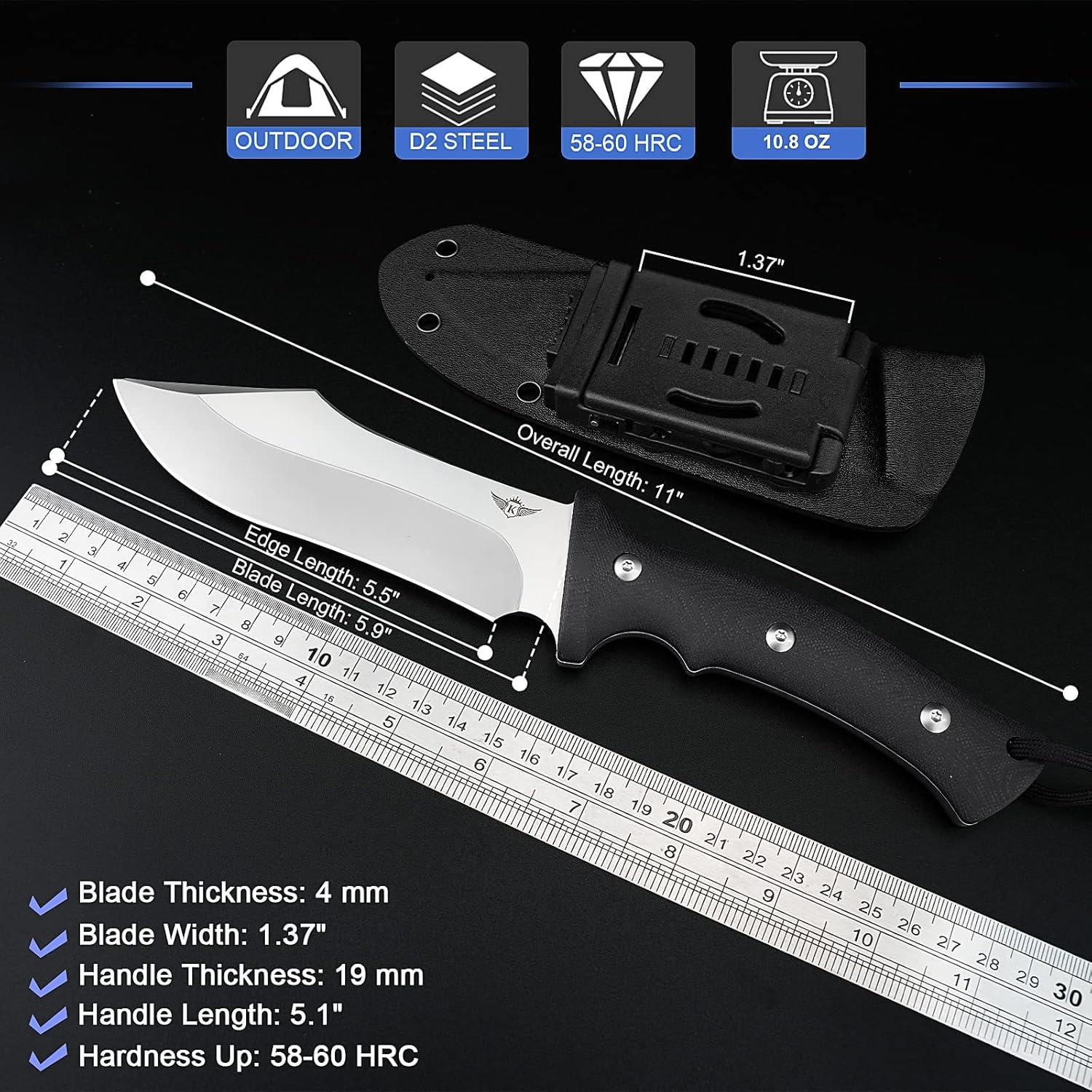 Cuchillo de Camping KOMWERO Hoja Fija Acero D2 con Funda Kydex