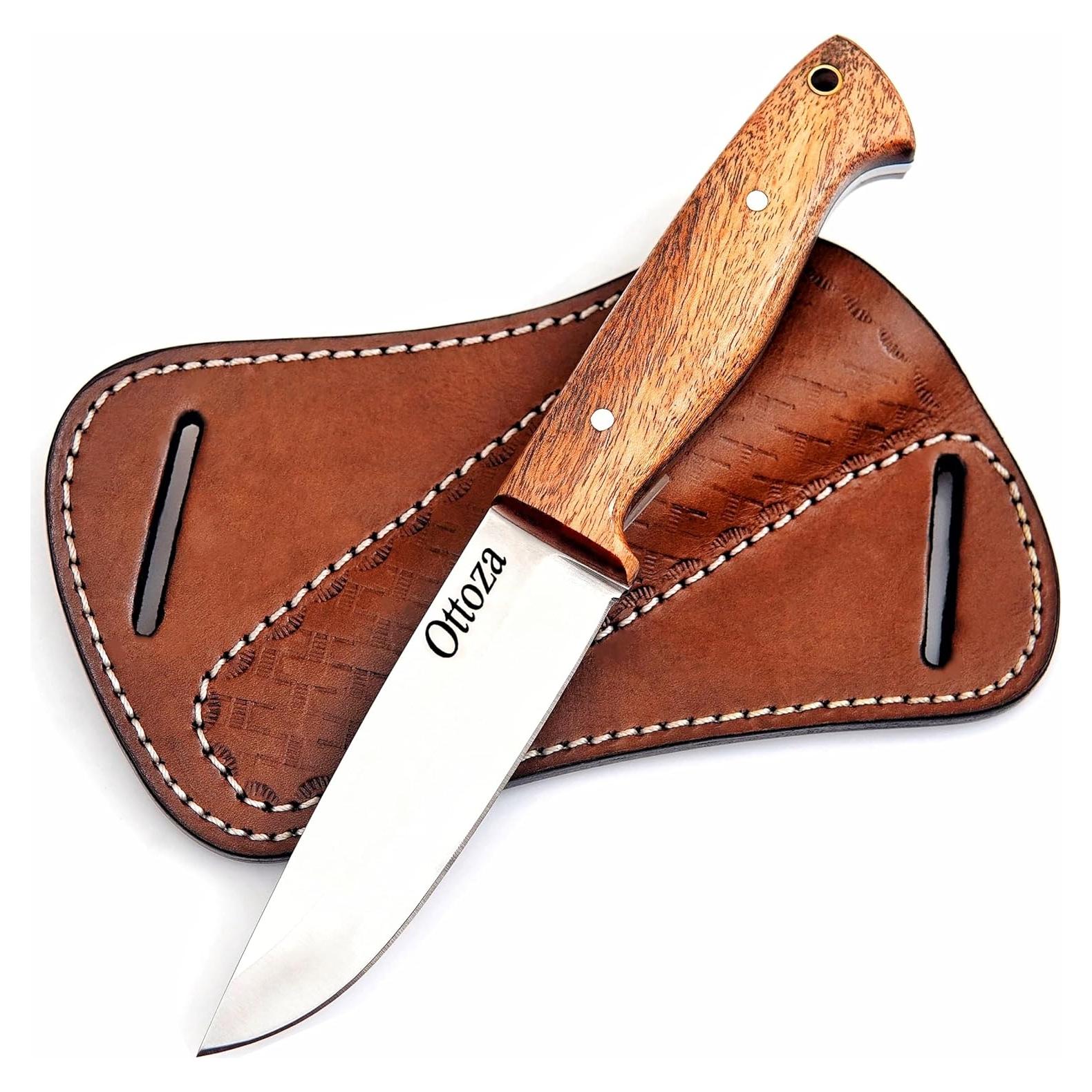 Full Tang Bushcraft Knife with 1095 Carbon Steel Fixed Blade - Survival and Outdoor Camping Knife - Musket Wood Handle Brown Leather Sheath 402