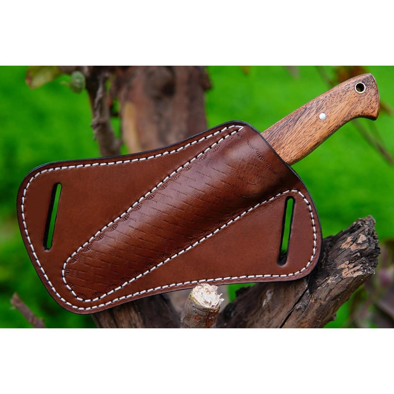 Full Tang Bushcraft Knife with 1095 Carbon Steel Fixed Blade - Survival and Outdoor Camping Knife - Musket Wood Handle Brown Leather Sheath 402