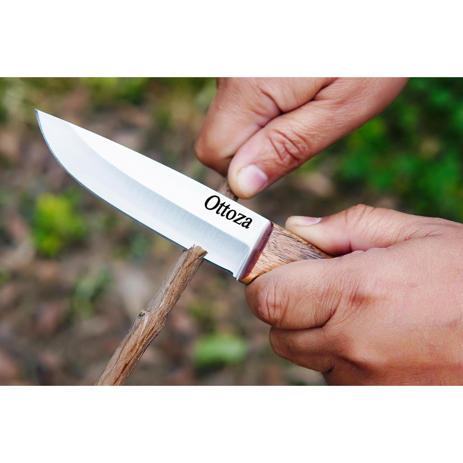 Full Tang Bushcraft Knife with 1095 Carbon Steel Fixed Blade - Survival and Outdoor Camping Knife - Musket Wood Handle Brown Leather Sheath 402