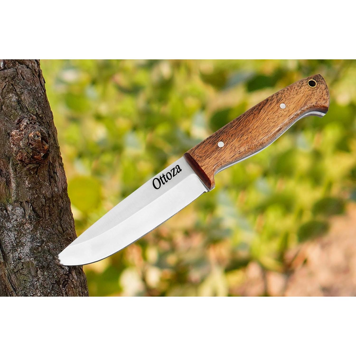 Full Tang Bushcraft Knife with 1095 Carbon Steel Fixed Blade - Survival and Outdoor Camping Knife - Musket Wood Handle Brown Leather Sheath 402