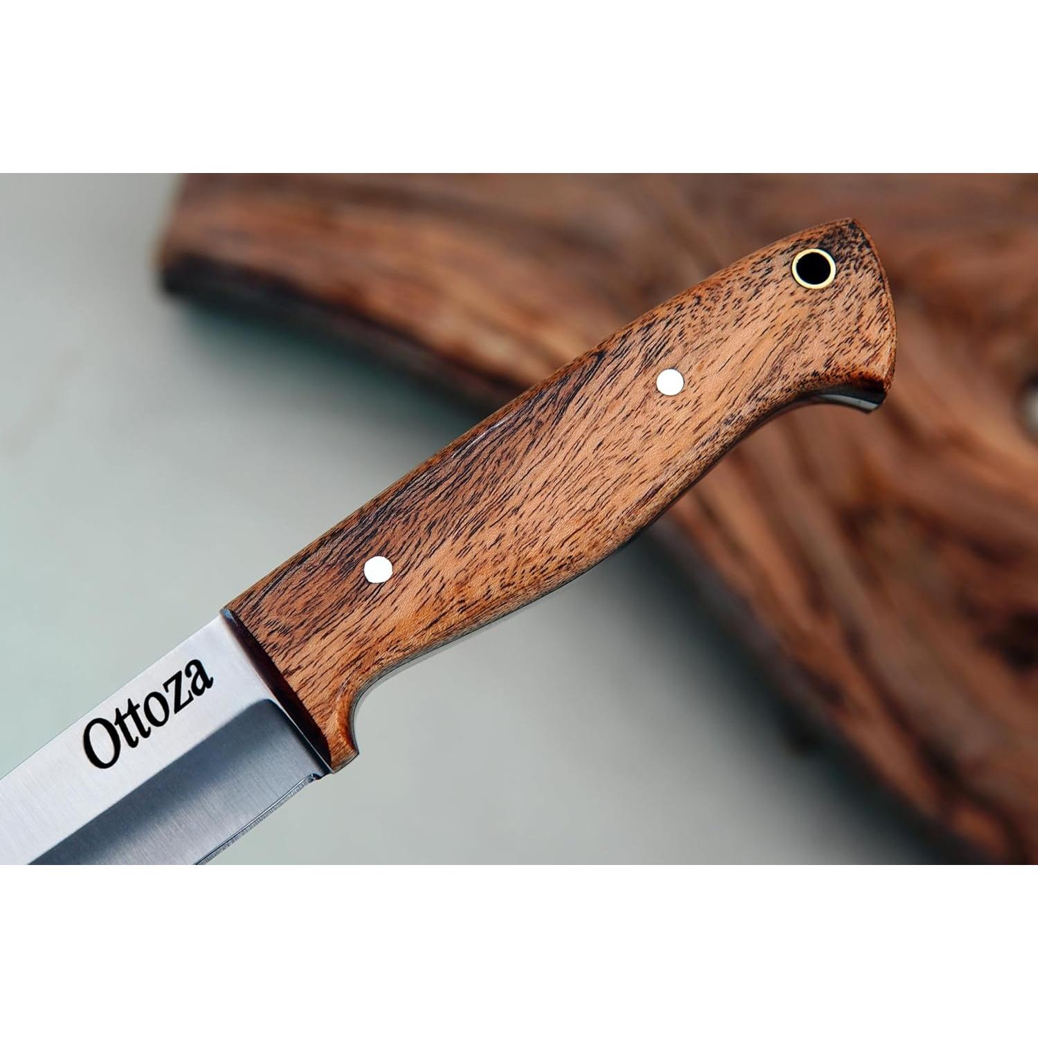 Full Tang Bushcraft Knife with 1095 Carbon Steel Fixed Blade - Survival and Outdoor Camping Knife - Musket Wood Handle Brown Leather Sheath 402