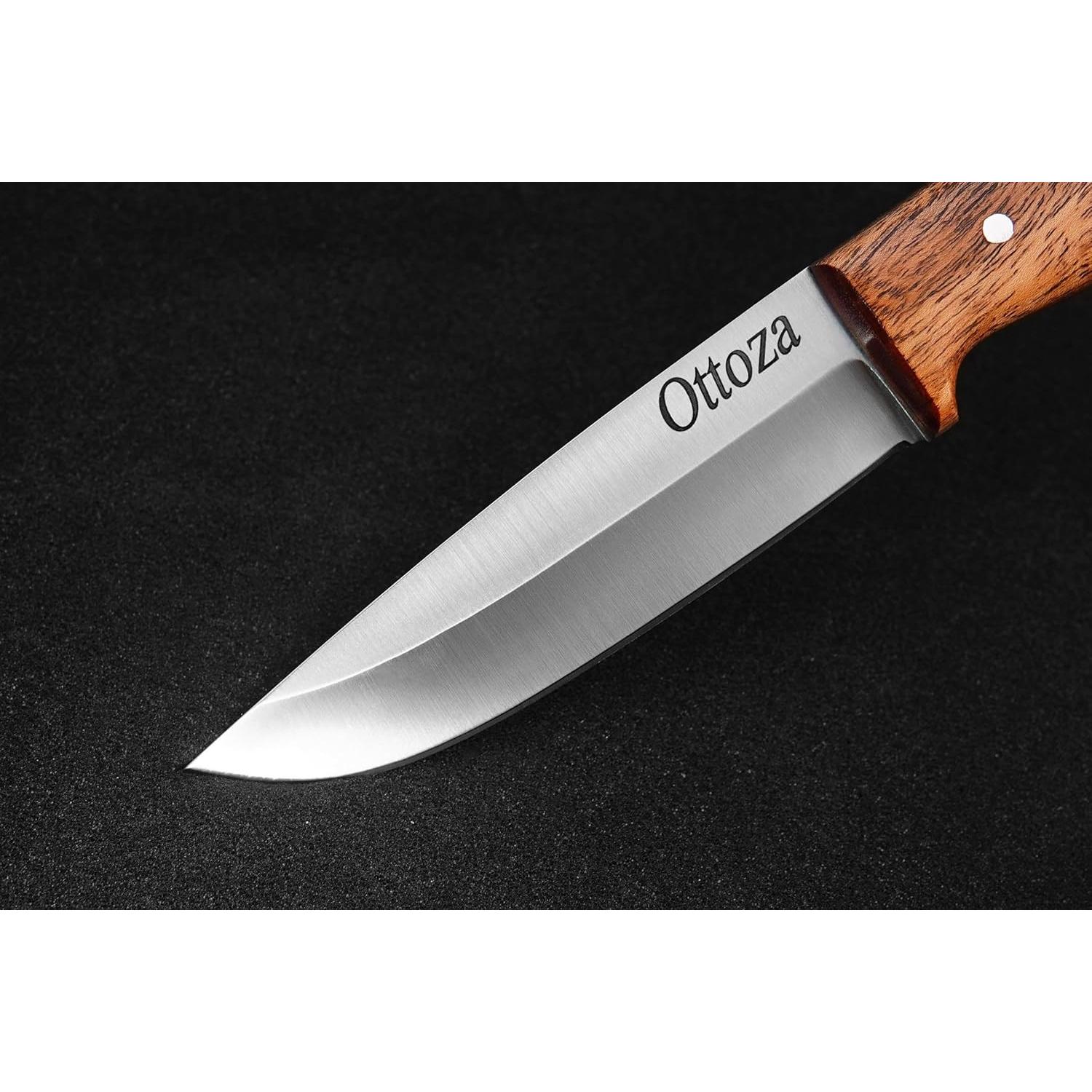 Full Tang Bushcraft Knife with 1095 Carbon Steel Fixed Blade - Survival and Outdoor Camping Knife - Musket Wood Handle Brown Leather Sheath 402