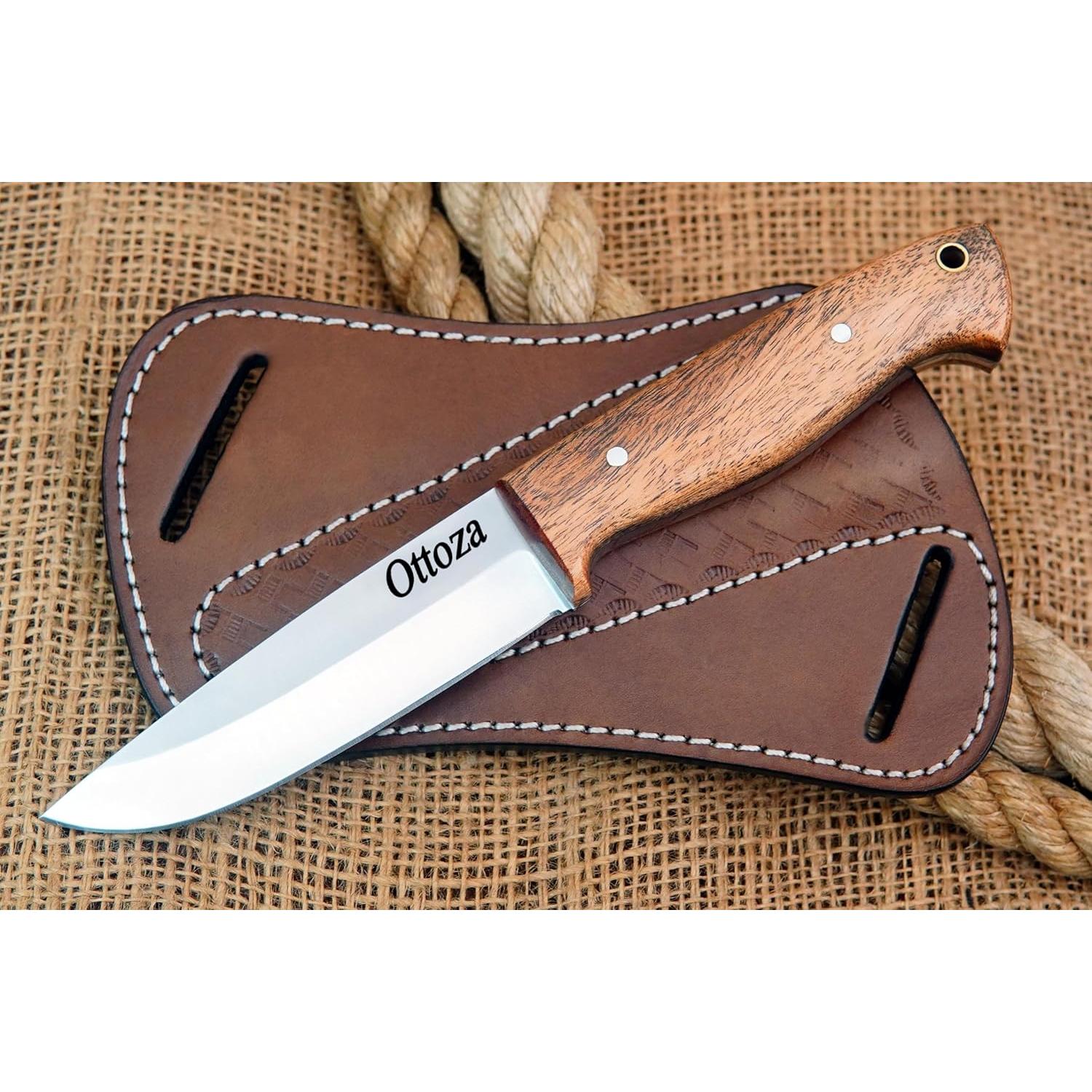 Full Tang Bushcraft Knife with 1095 Carbon Steel Fixed Blade - Survival and Outdoor Camping Knife - Musket Wood Handle Brown Leather Sheath 402