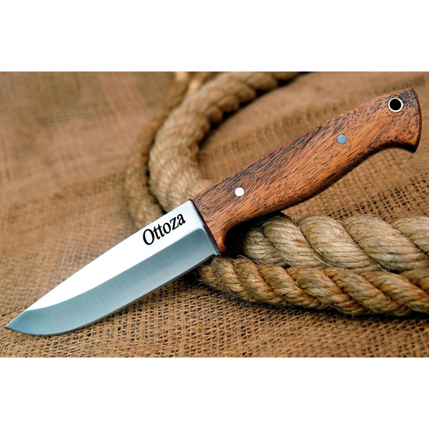 Full Tang Bushcraft Knife with 1095 Carbon Steel Fixed Blade - Survival and Outdoor Camping Knife - Musket Wood Handle Brown Leather Sheath 402