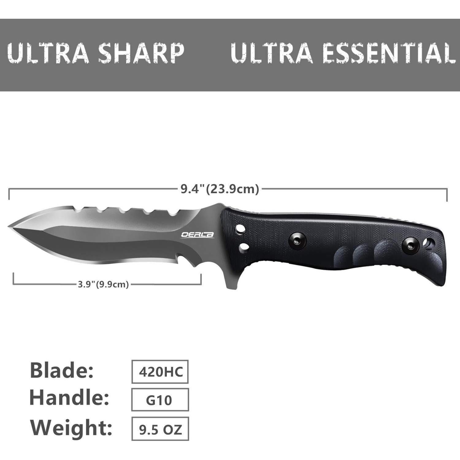 OERLA TAC OL-0021SD Fixed Blade Knives Outdoor Duty Knife 420HC Stainless Steel Camping Hunting Survival Knife Double Sided Blade with G10 Handle Waist Clip EDC Kydex Sheath (Black)