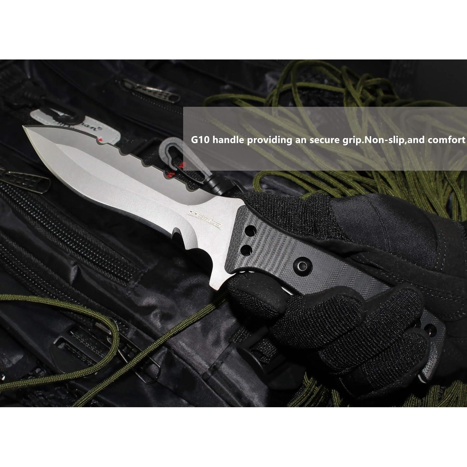OERLA TAC OL-0021SD Fixed Blade Knives Outdoor Duty Knife 420HC Stainless Steel Camping Hunting Survival Knife Double Sided Blade with G10 Handle Waist Clip EDC Kydex Sheath (Black)