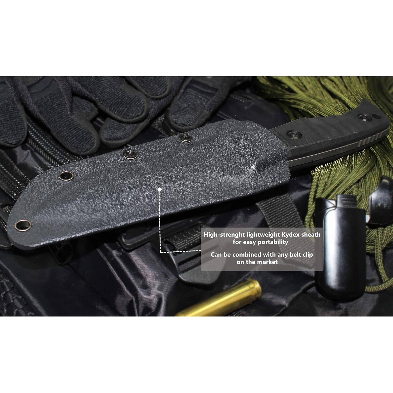 OERLA TAC OL-0021SD Fixed Blade Knives Outdoor Duty Knife 420HC Stainless Steel Camping Hunting Survival Knife Double Sided Blade with G10 Handle Waist Clip EDC Kydex Sheath (Black)