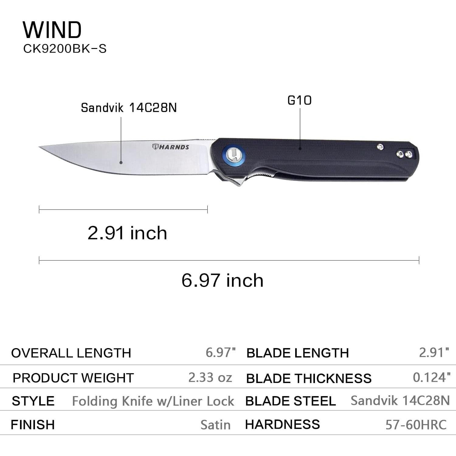 Cuchillo Plegable Harnds Wind Acero Sandvik 7.39 cm Negro