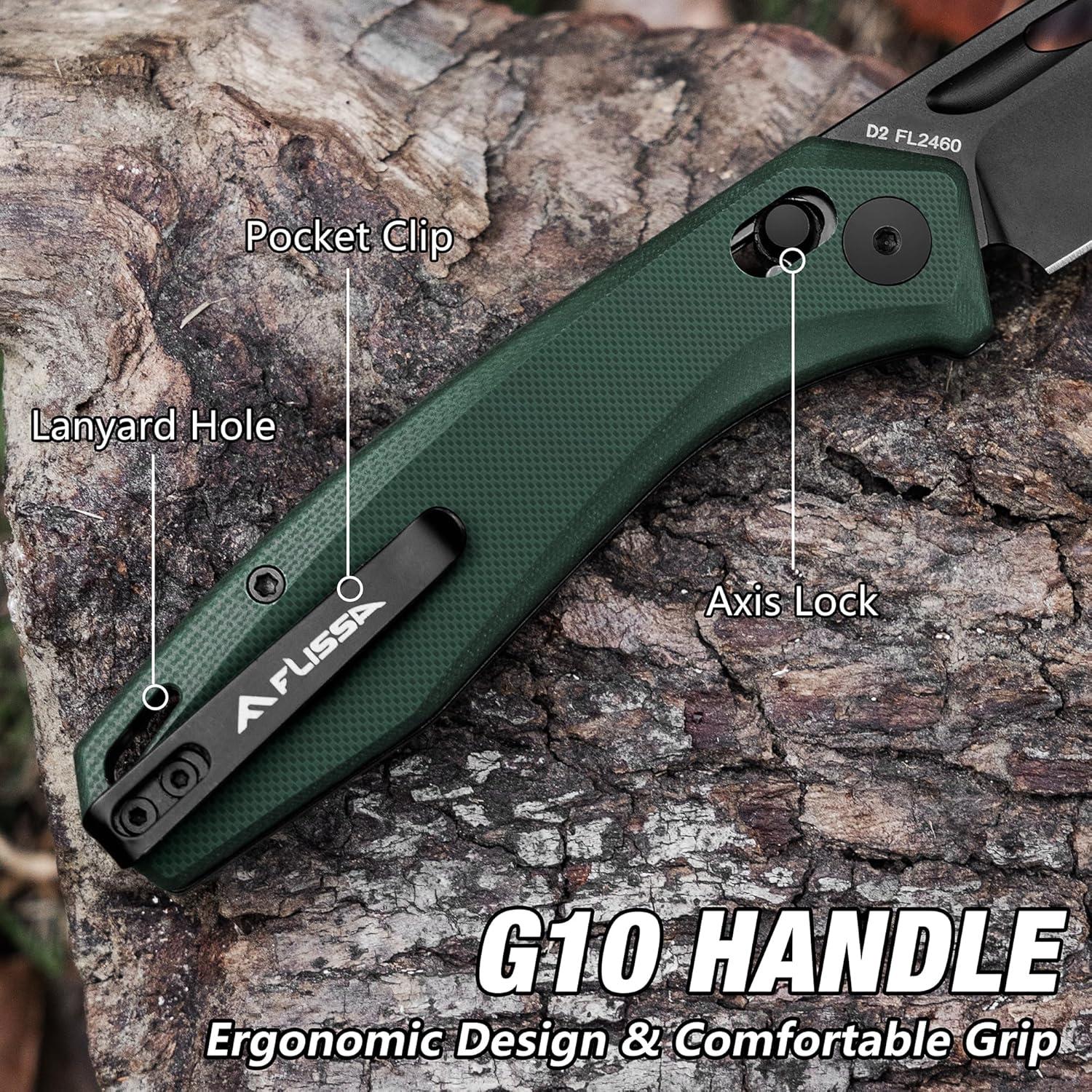 Cuchillo Plegable FLISSA EDC Verde, Hoja Acero D2 8.89 cm