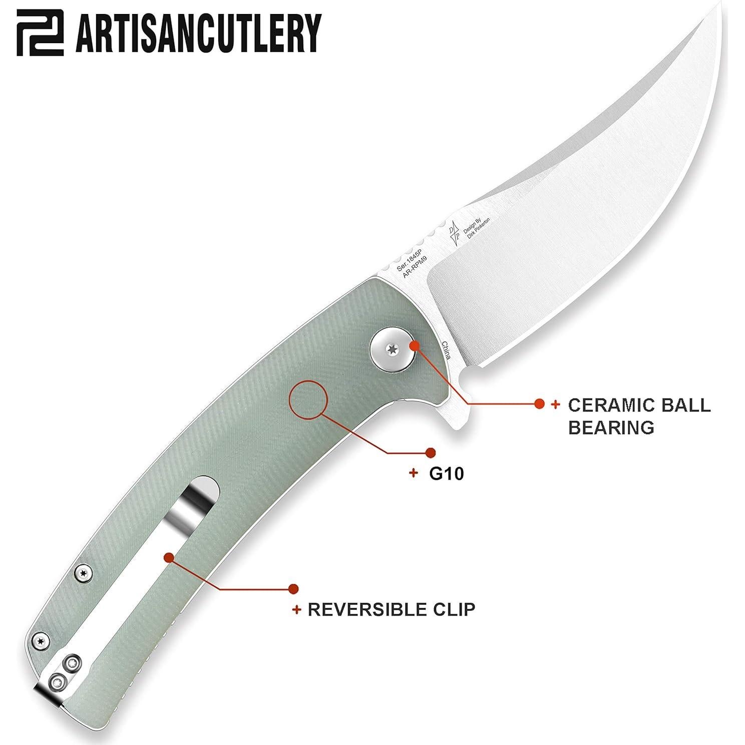 ARTISANCUTLERY Folding Hunting Knives Arroyo (ATZ-1845) AR-RPM9 Powder Steel Blade G10 Tactical Handle Pocket Folding Knife EDC Natural Green