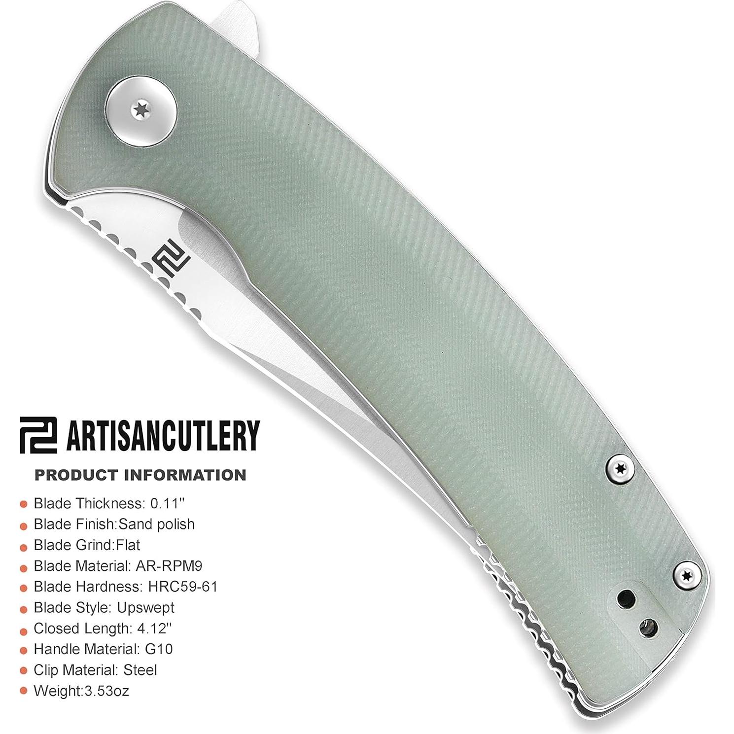 ARTISANCUTLERY Folding Hunting Knives Arroyo (ATZ-1845) AR-RPM9 Powder Steel Blade G10 Tactical Handle Pocket Folding Knife EDC Natural Green