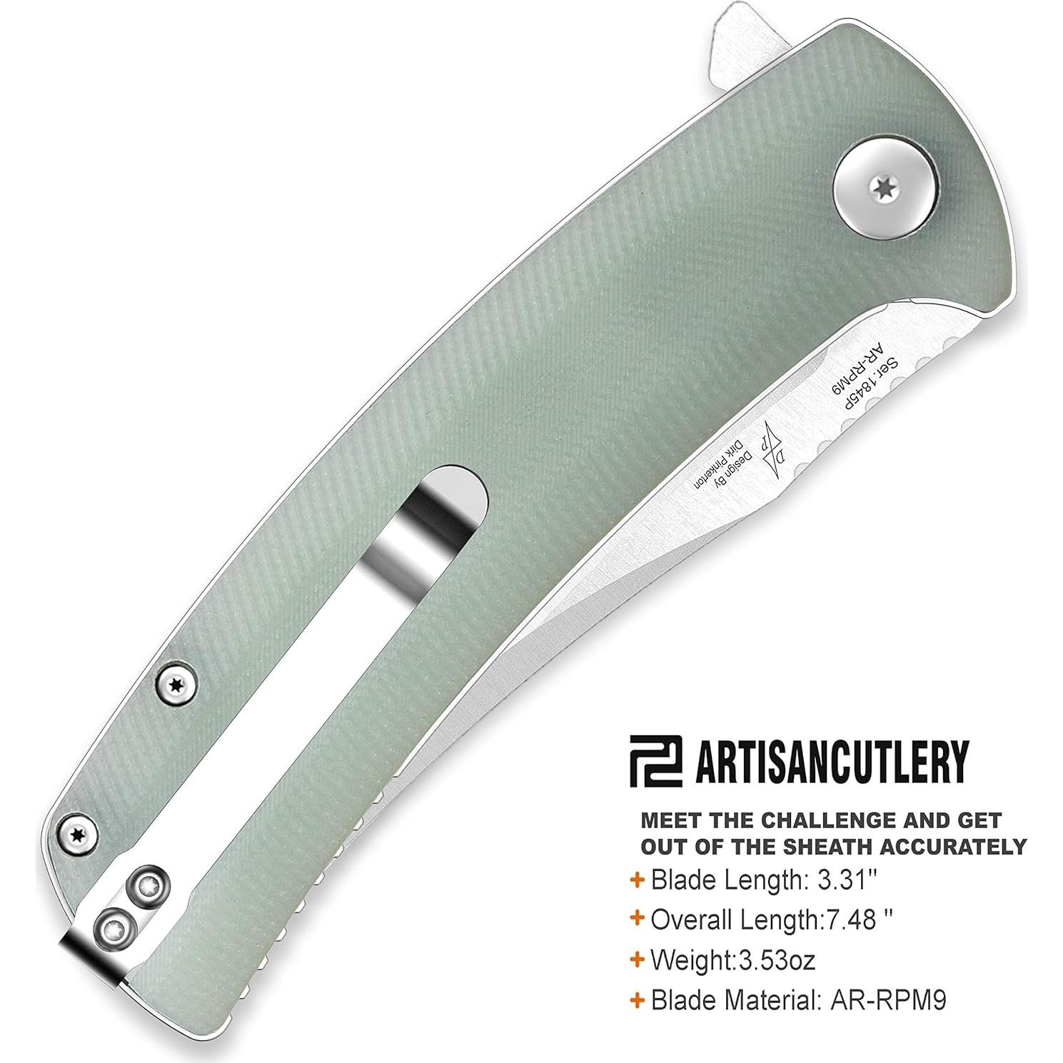 ARTISANCUTLERY Folding Hunting Knives Arroyo (ATZ-1845) AR-RPM9 Powder Steel Blade G10 Tactical Handle Pocket Folding Knife EDC Natural Green