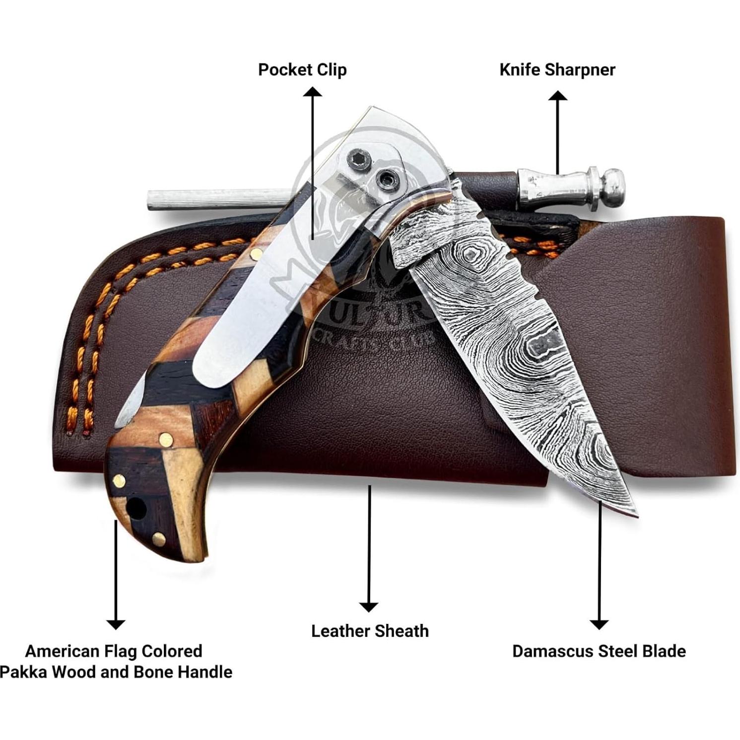 Cuchillo de bolsillo Damasco VULTURE CRAFTS 17.8 cm plegable