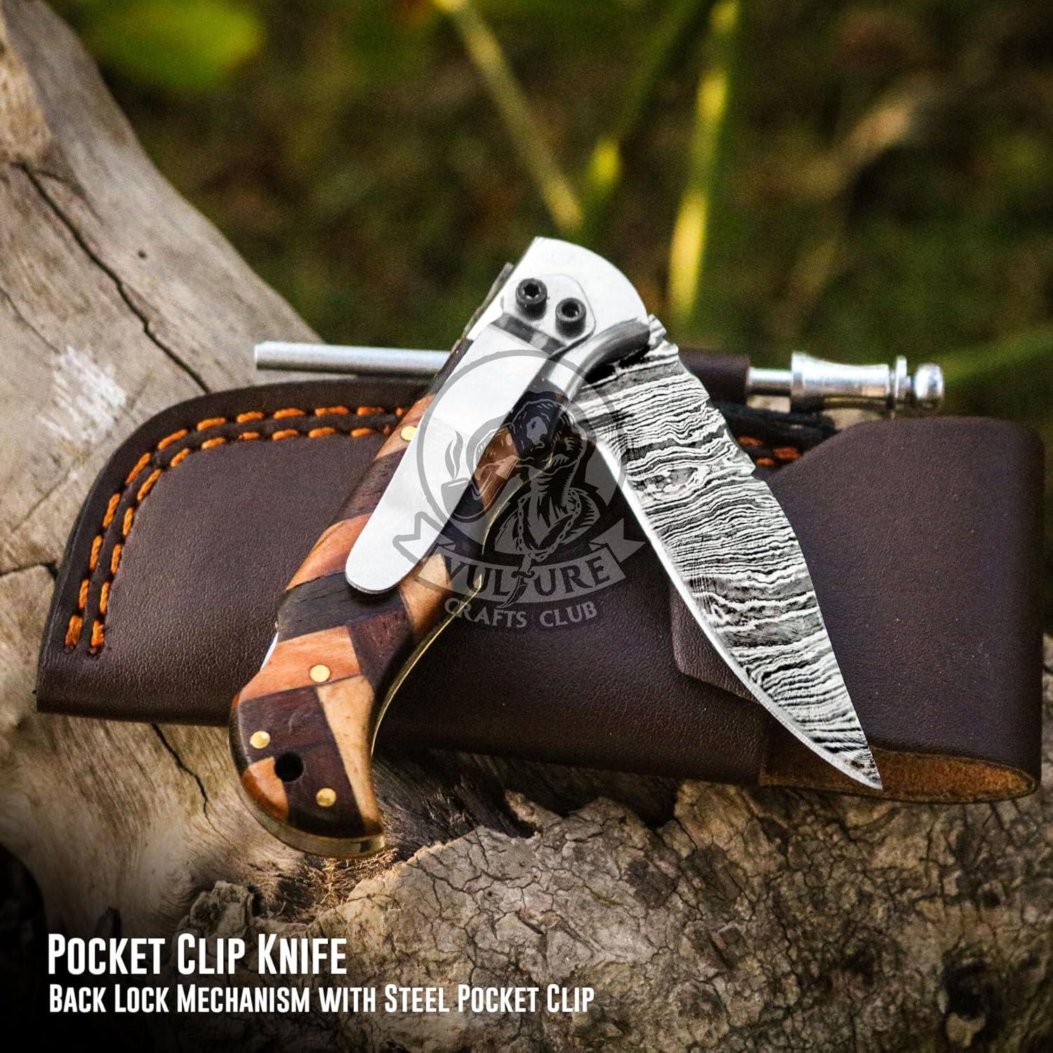 Cuchillo de bolsillo Damasco VULTURE CRAFTS 17.8 cm plegable