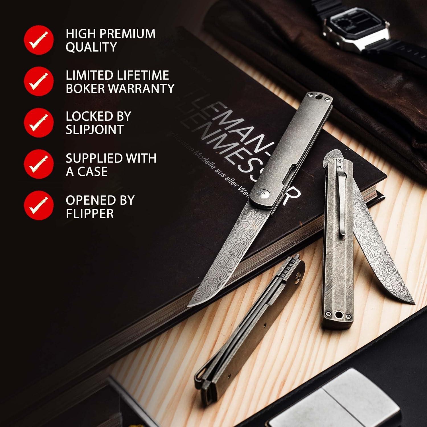 Cuchillo de bolsillo BÖKER PLUS Wasabi Damasco 7.29 cm Titanio