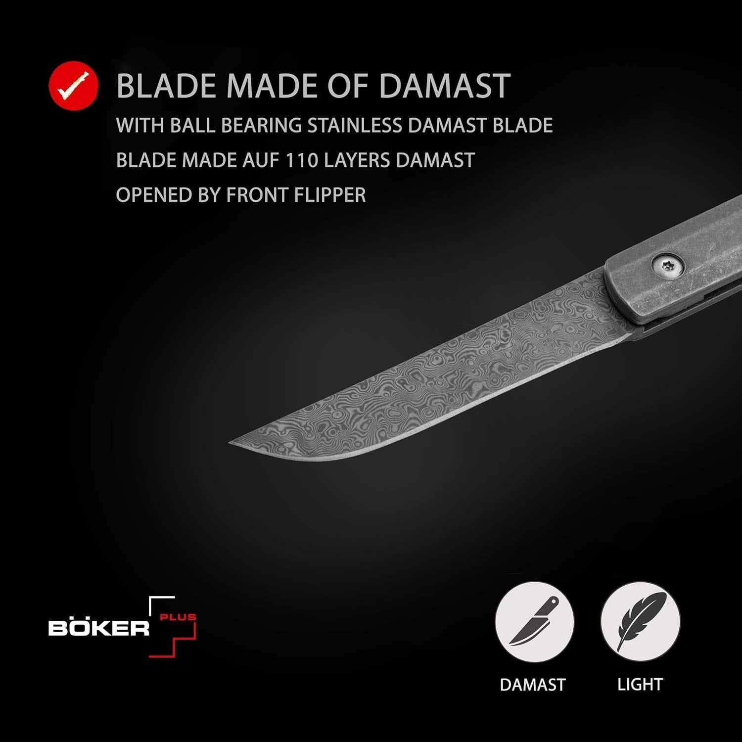 Cuchillo de bolsillo BÖKER PLUS Wasabi Damasco 7.29 cm Titanio