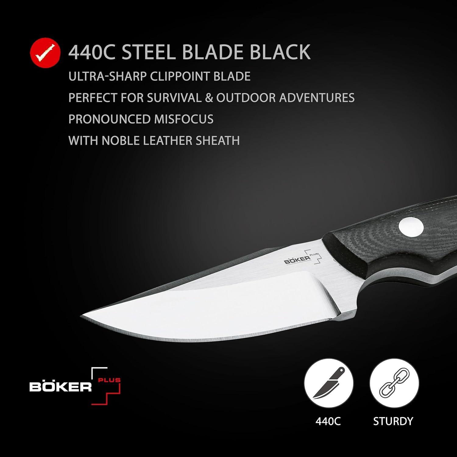 Cuchillo Boker Plus J-Bite 440C con Funda de Cuero 6.19cm