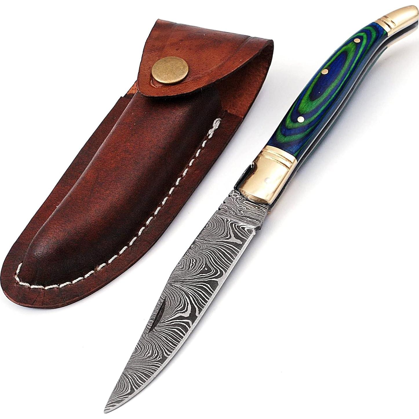 Cuchillo Plegable Palacio Damasco 21.6cm con Funda de Cuero