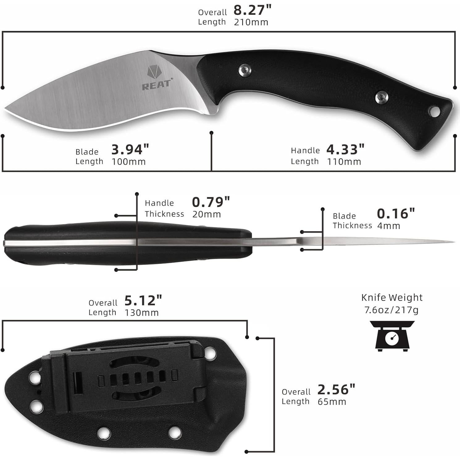 Cuchillo de hoja fija REAT RT-500 con funda Kydex 20.32 cm