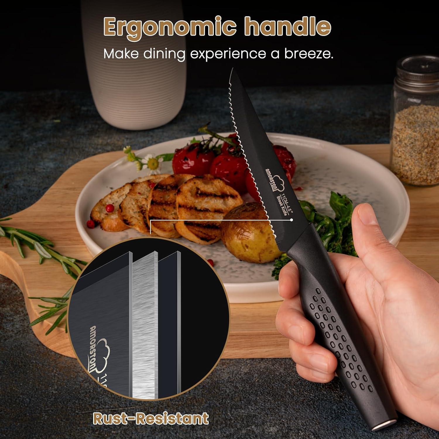 Juego de 8 Cuchillos para Carne Amorston - Acero Inoxidable Negro