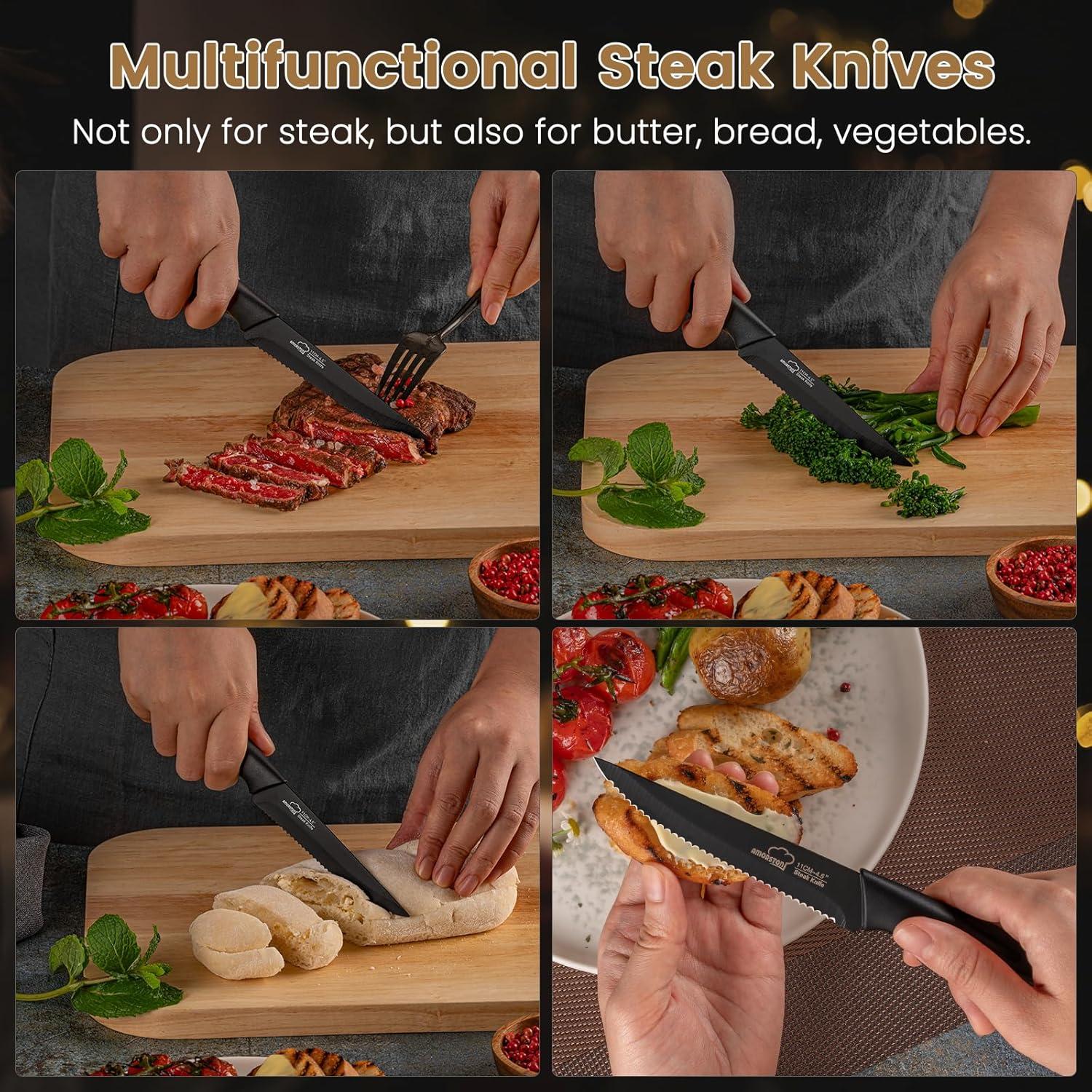 Juego de 8 Cuchillos para Carne Amorston - Acero Inoxidable Negro