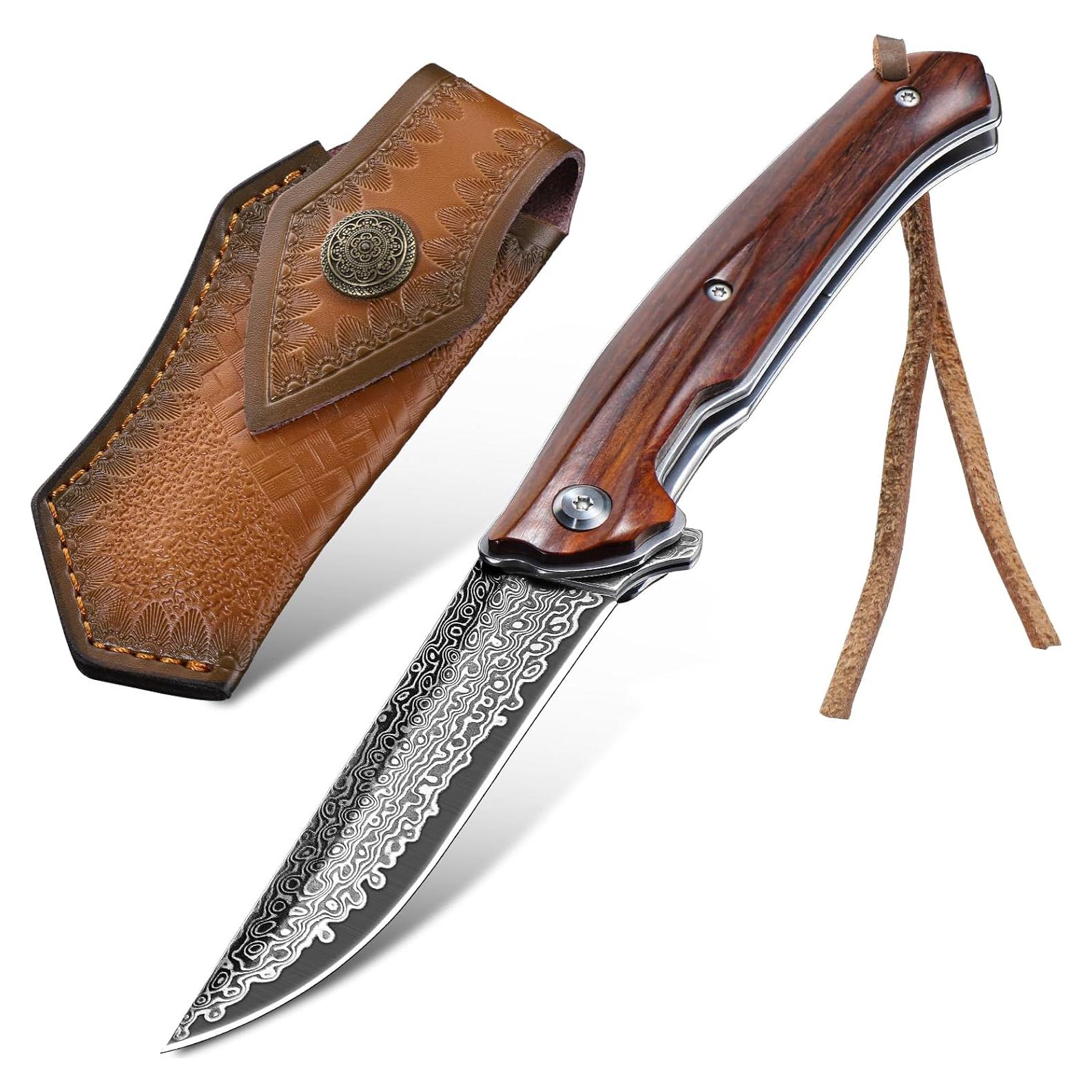 Damascus Pocket Knife with Vintage Leather Sheath, Damascus Folding Knife with VG10 Damascus Steel Blade and Wooden Handle, EDC Knife for Outdoor Survival Camping, Personalized Collectible Gifts for Men