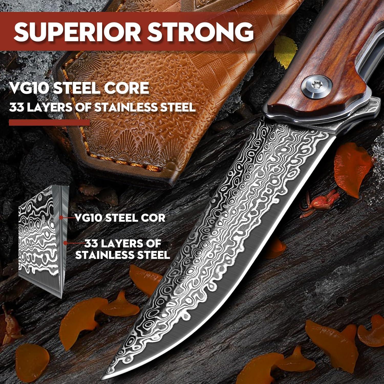 Damascus Pocket Knife with Vintage Leather Sheath, Damascus Folding Knife with VG10 Damascus Steel Blade and Wooden Handle, EDC Knife for Outdoor Survival Camping, Personalized Collectible Gifts for Men