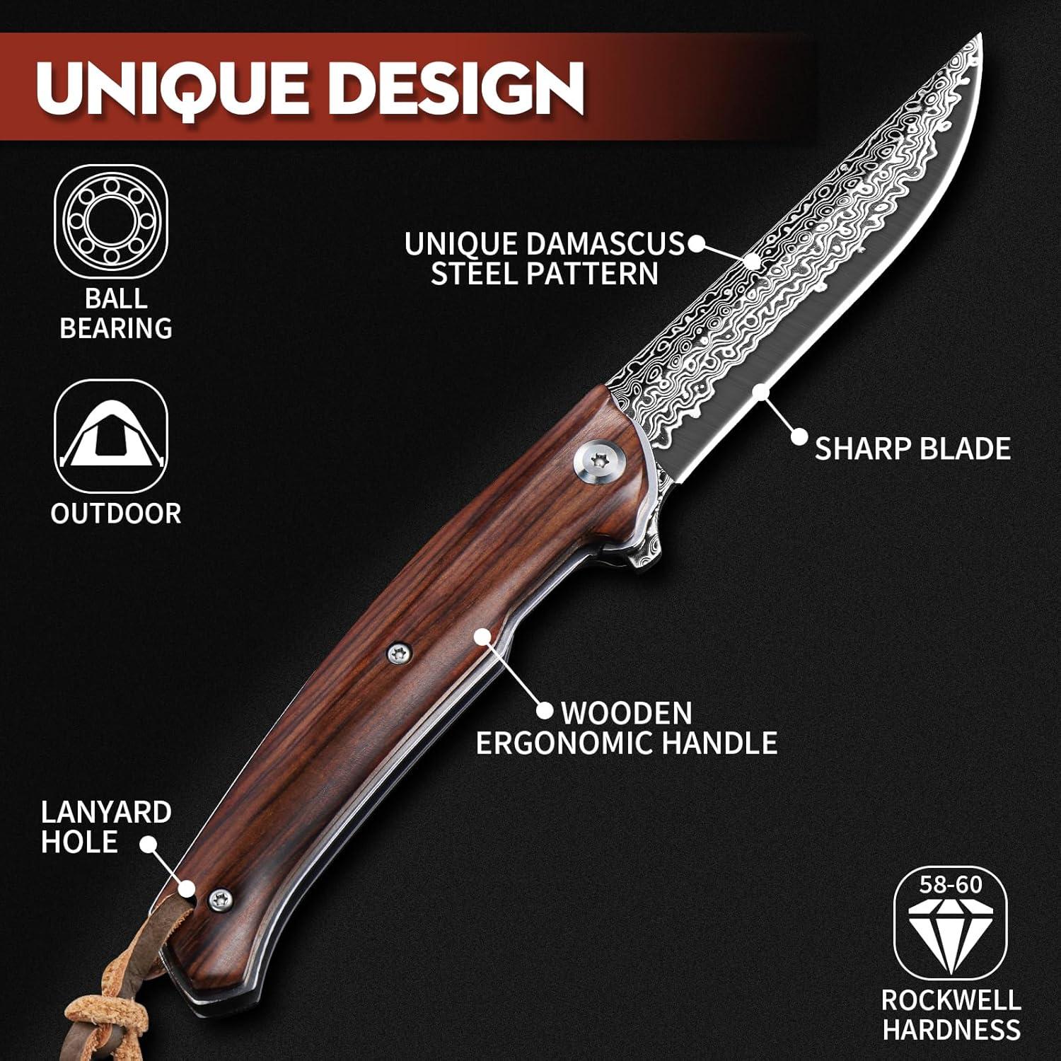 Damascus Pocket Knife with Vintage Leather Sheath, Damascus Folding Knife with VG10 Damascus Steel Blade and Wooden Handle, EDC Knife for Outdoor Survival Camping, Personalized Collectible Gifts for Men