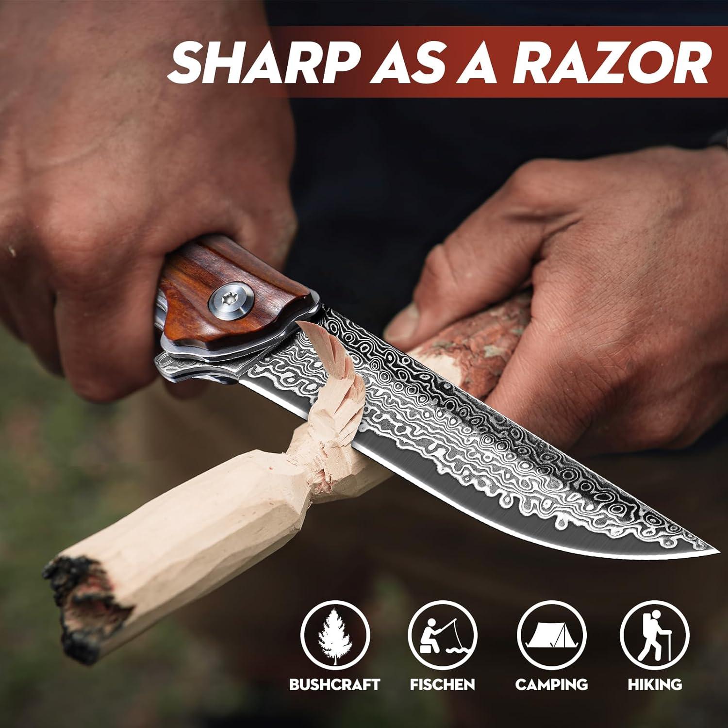 Damascus Pocket Knife with Vintage Leather Sheath, Damascus Folding Knife with VG10 Damascus Steel Blade and Wooden Handle, EDC Knife for Outdoor Survival Camping, Personalized Collectible Gifts for Men