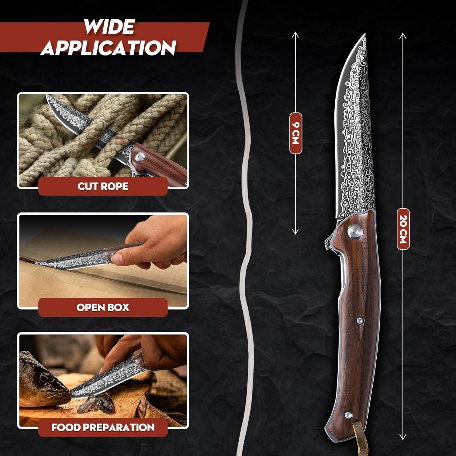 Damascus Pocket Knife with Vintage Leather Sheath, Damascus Folding Knife with VG10 Damascus Steel Blade and Wooden Handle, EDC Knife for Outdoor Survival Camping, Personalized Collectible Gifts for Men