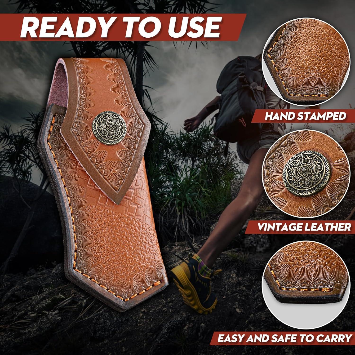 Damascus Pocket Knife with Vintage Leather Sheath, Damascus Folding Knife with VG10 Damascus Steel Blade and Wooden Handle, EDC Knife for Outdoor Survival Camping, Personalized Collectible Gifts for Men