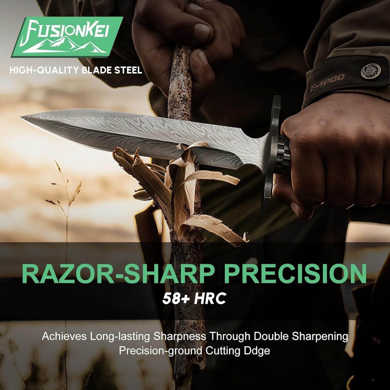 Cuchillo de Hoja Fija FUSIONKEI Damasco 30.5cm con Funda