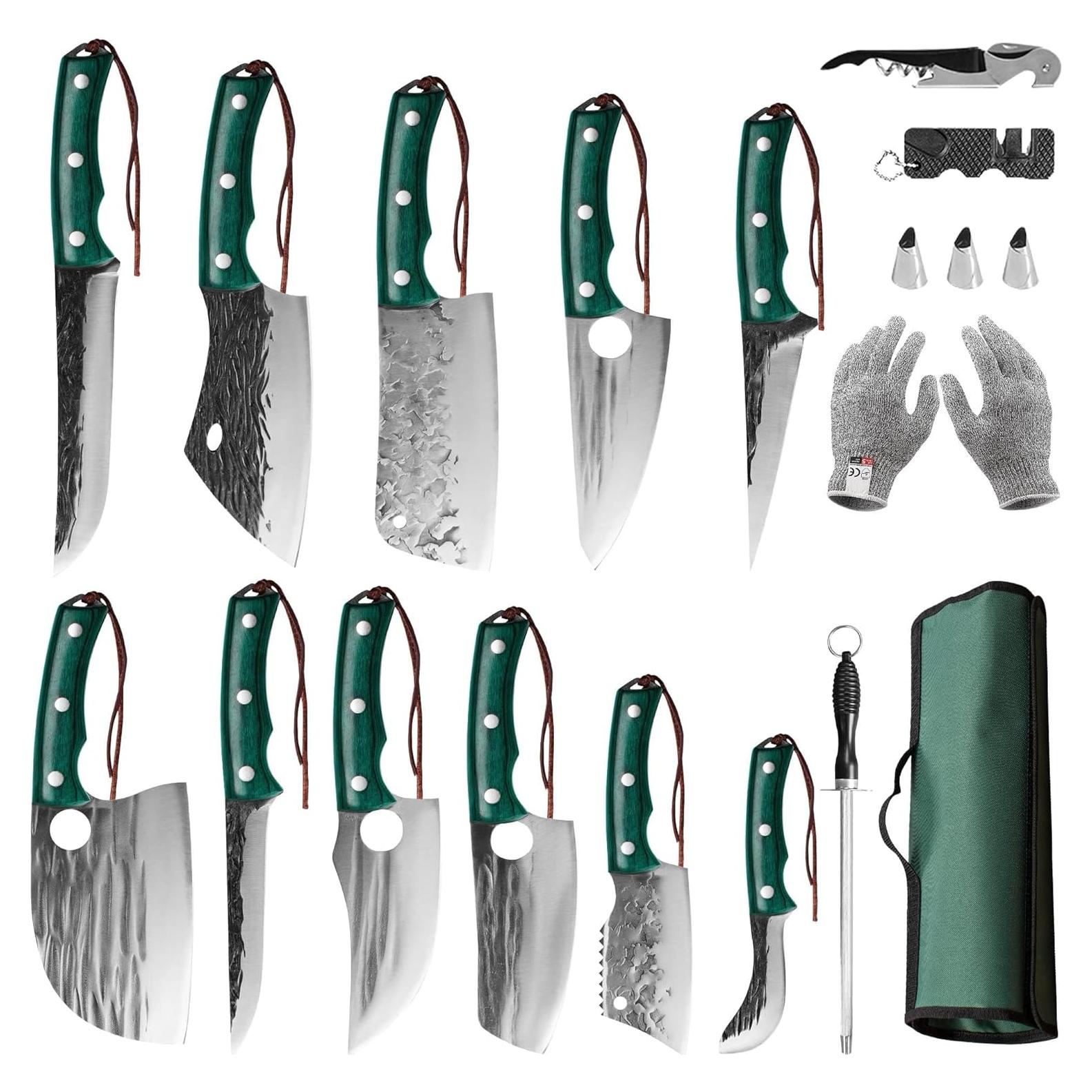 FULLHI Portable 17pcs Butcher Chef Knife Set Green woodhandle High Carbon Steel Cleaver Kitchen Knife FullTang Vegetable Cleaver Home BBQ Camping with Knife Bag