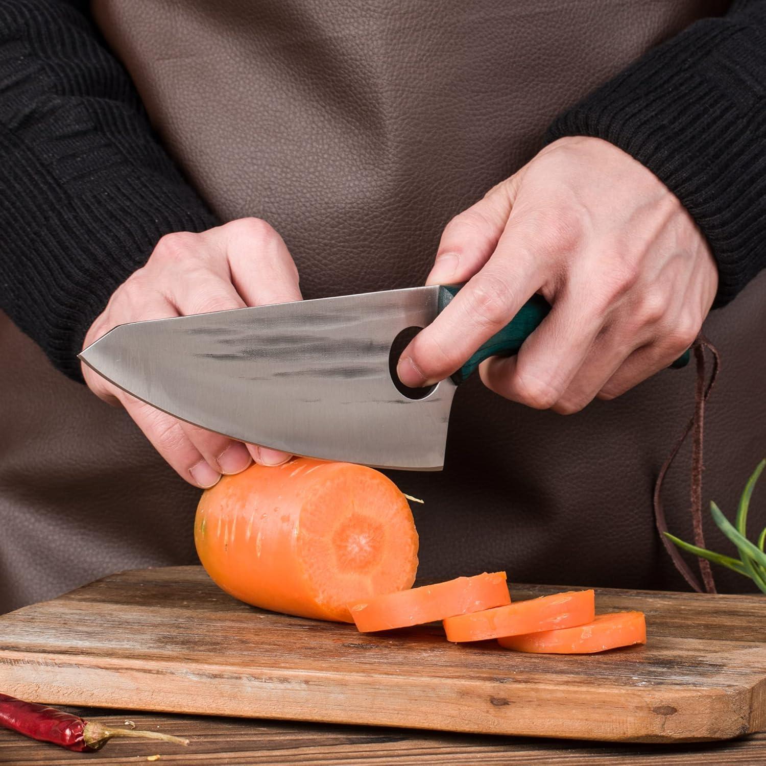 FULLHI Portable 17pcs Butcher Chef Knife Set Green woodhandle High Carbon Steel Cleaver Kitchen Knife FullTang Vegetable Cleaver Home BBQ Camping with Knife Bag