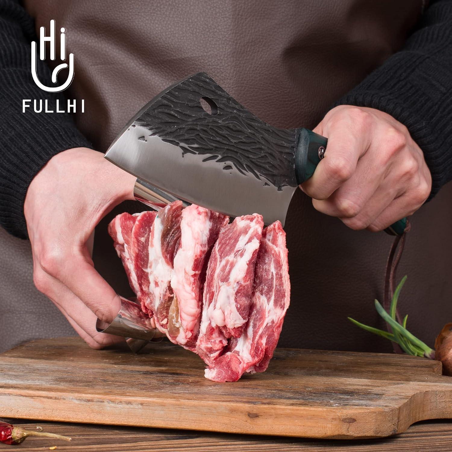 FULLHI Portable 17pcs Butcher Chef Knife Set Green woodhandle High Carbon Steel Cleaver Kitchen Knife FullTang Vegetable Cleaver Home BBQ Camping with Knife Bag