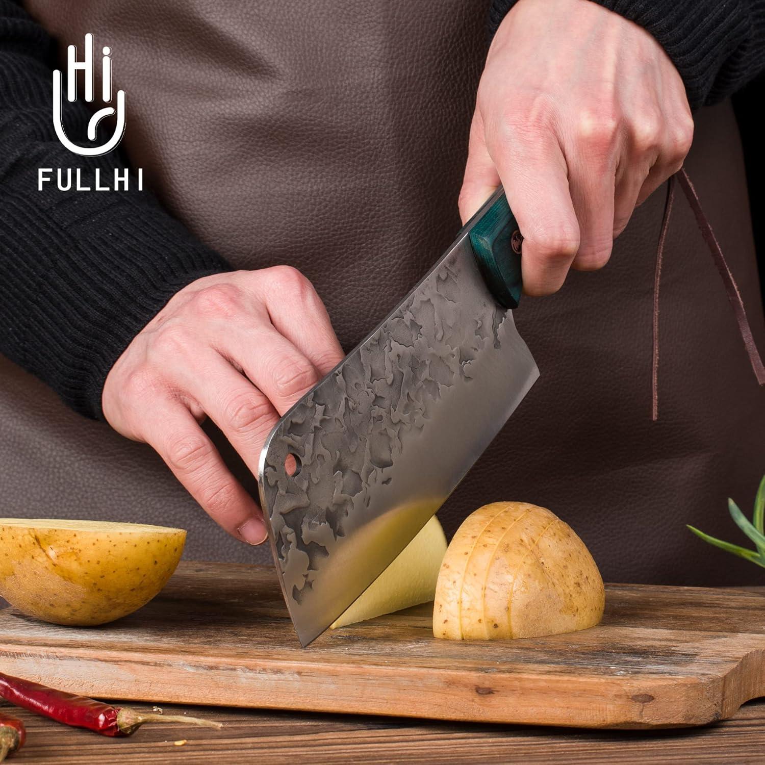 FULLHI Portable 17pcs Butcher Chef Knife Set Green woodhandle High Carbon Steel Cleaver Kitchen Knife FullTang Vegetable Cleaver Home BBQ Camping with Knife Bag