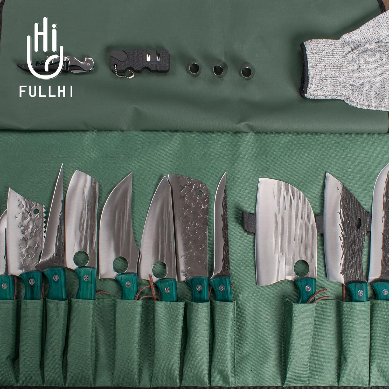 FULLHI Portable 17pcs Butcher Chef Knife Set Green woodhandle High Carbon Steel Cleaver Kitchen Knife FullTang Vegetable Cleaver Home BBQ Camping with Knife Bag