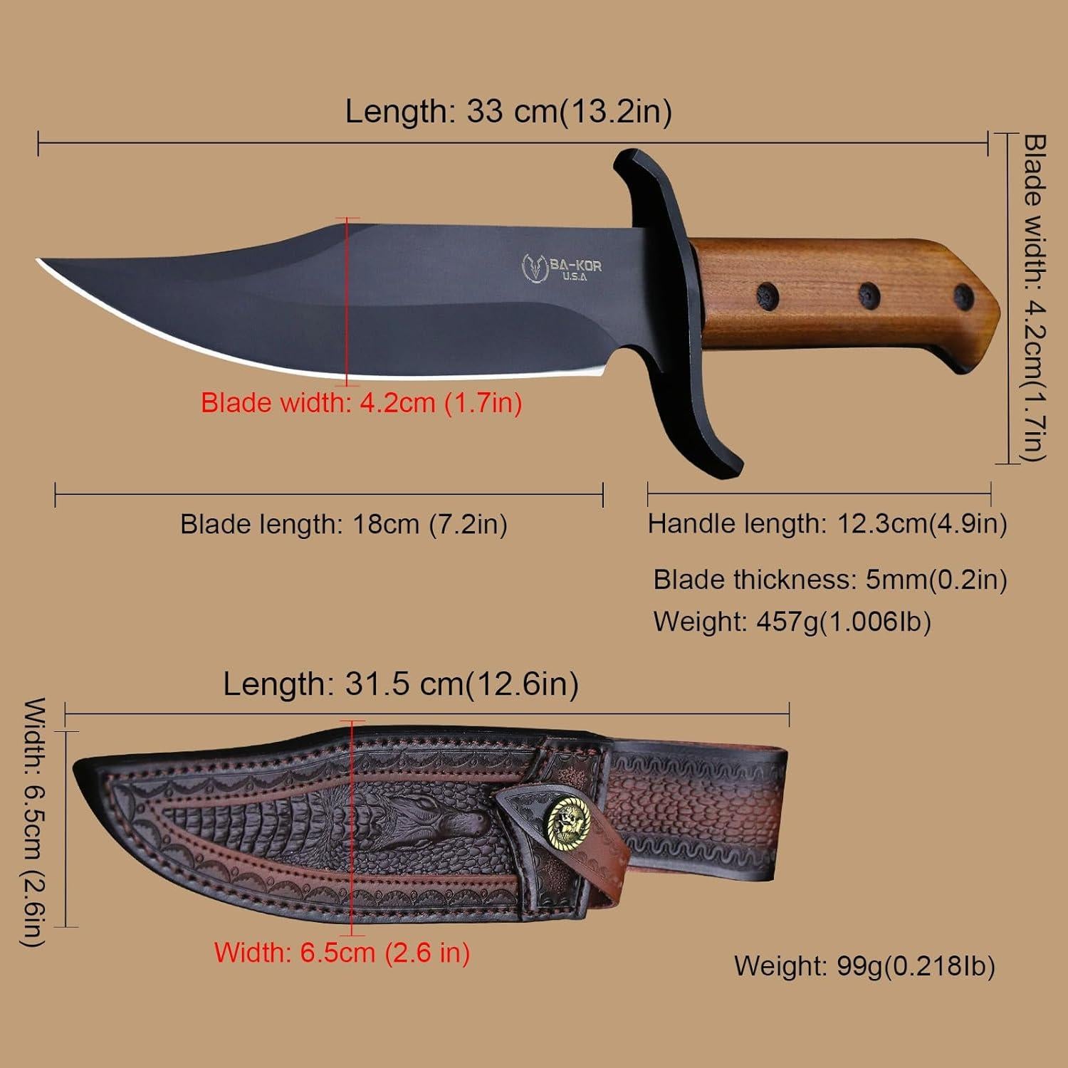 Cuchillo Bowie BA-KOR 33cm Acero 9CR18MOV + Funda y Encendedor