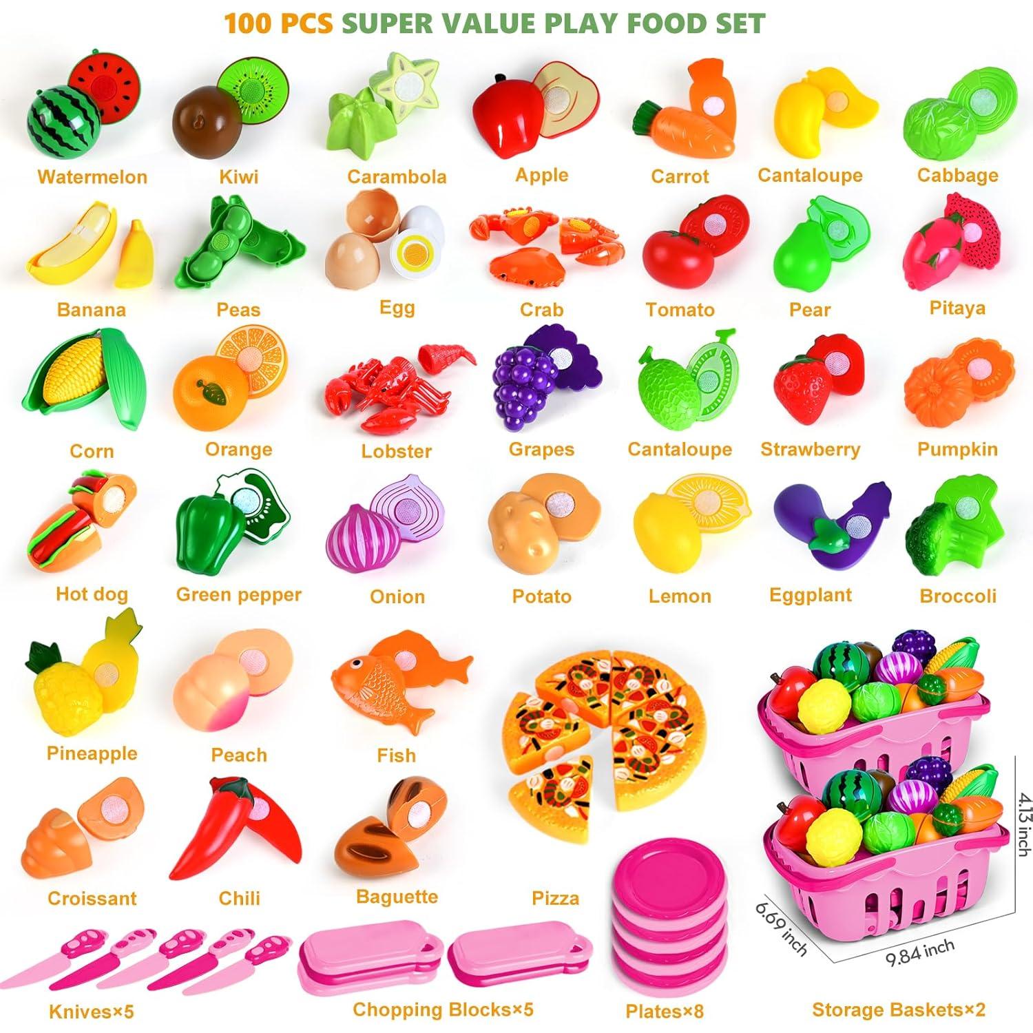 Juego de Comida de Juguete 100 Pcs Rosa - Cocina para Niños