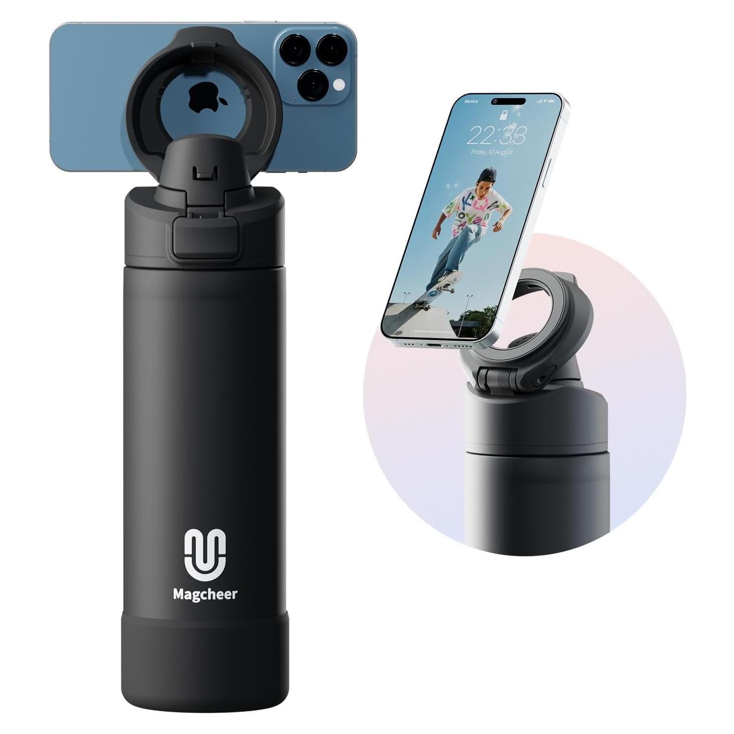 Insulated Magnetic Water Bottle - Reusable Stainless Steel Bottle with MagSafe Compatible Phone Holder - Keeps Cold for 24 Hours - Perfect for Gym, Sports, and Travel - Black 24oz