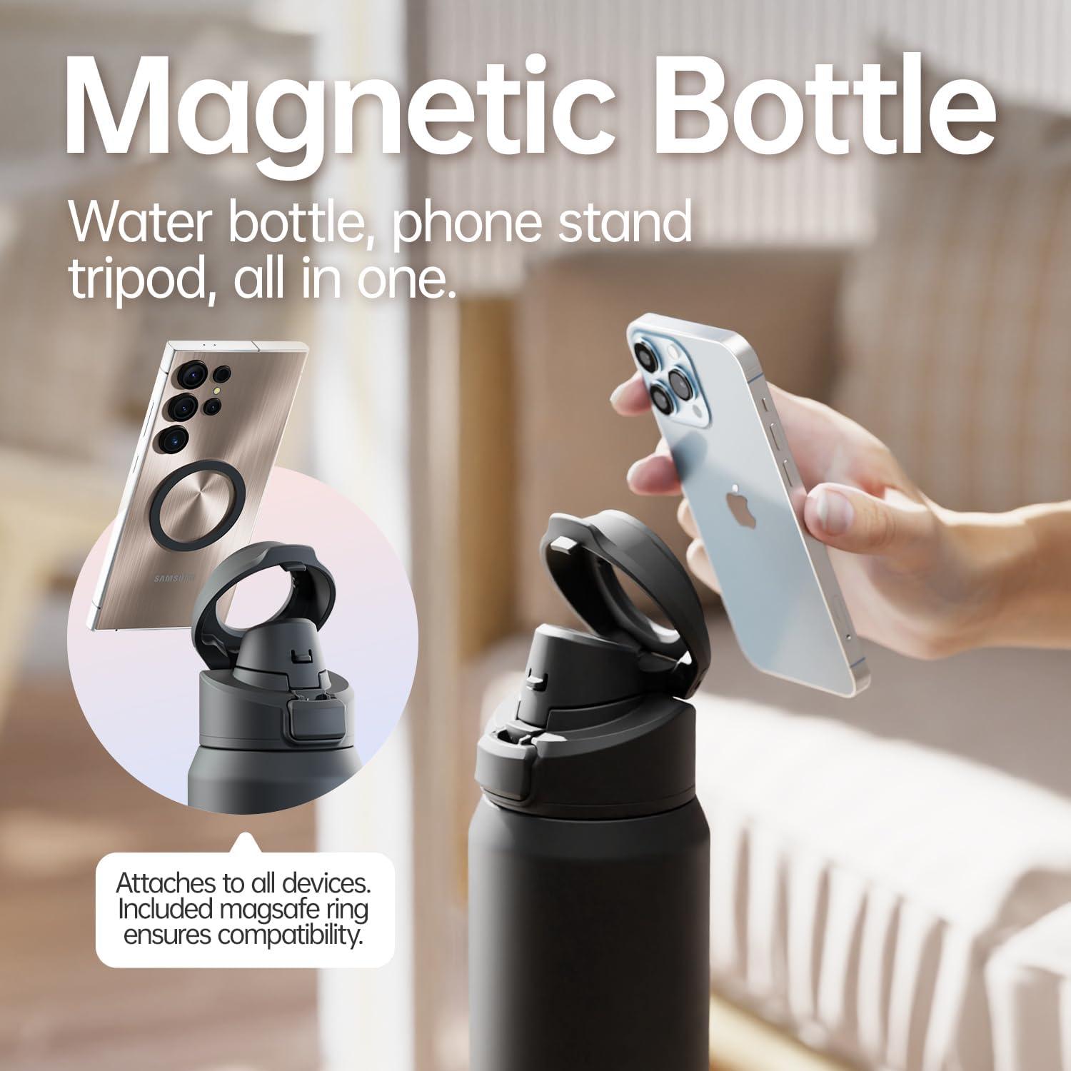 Insulated Magnetic Water Bottle - Reusable Stainless Steel Bottle with MagSafe Compatible Phone Holder - Keeps Cold for 24 Hours - Perfect for Gym, Sports, and Travel - Black 24oz