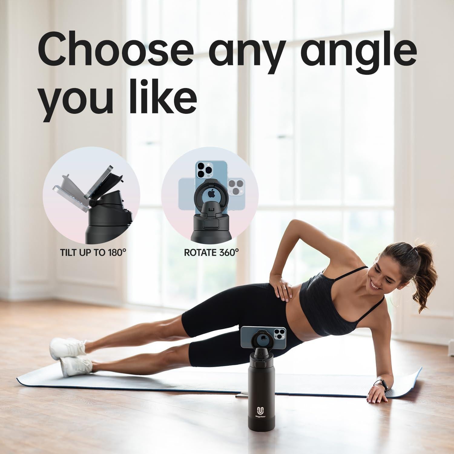 Insulated Magnetic Water Bottle - Reusable Stainless Steel Bottle with MagSafe Compatible Phone Holder - Keeps Cold for 24 Hours - Perfect for Gym, Sports, and Travel - Black 24oz