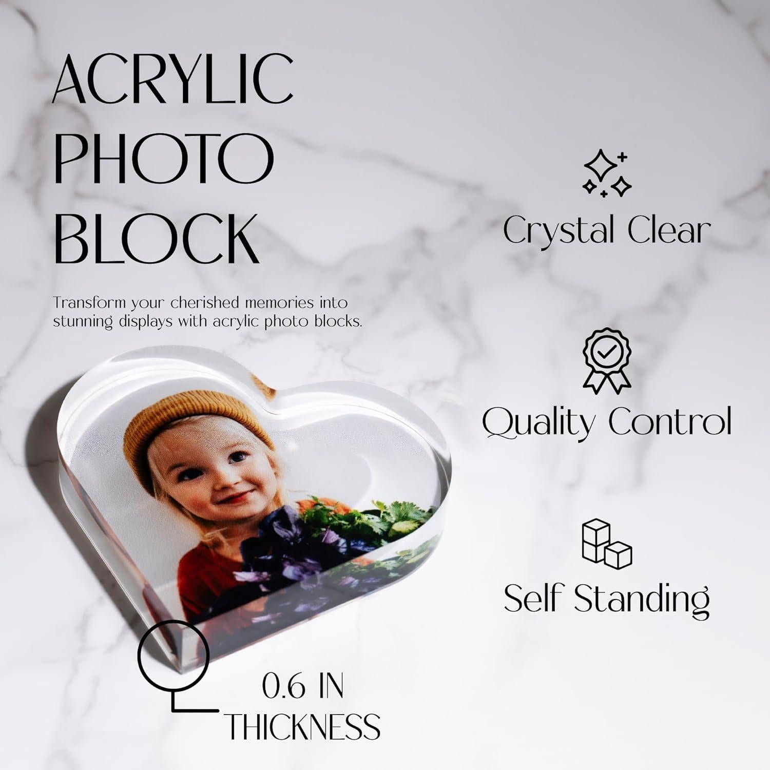 Acrylic Photo Block, Custom Photo Gifts, 3.5x3.5" Heart | 0.6" Thick | Personalized Photo Print Acrylic with Any Photo