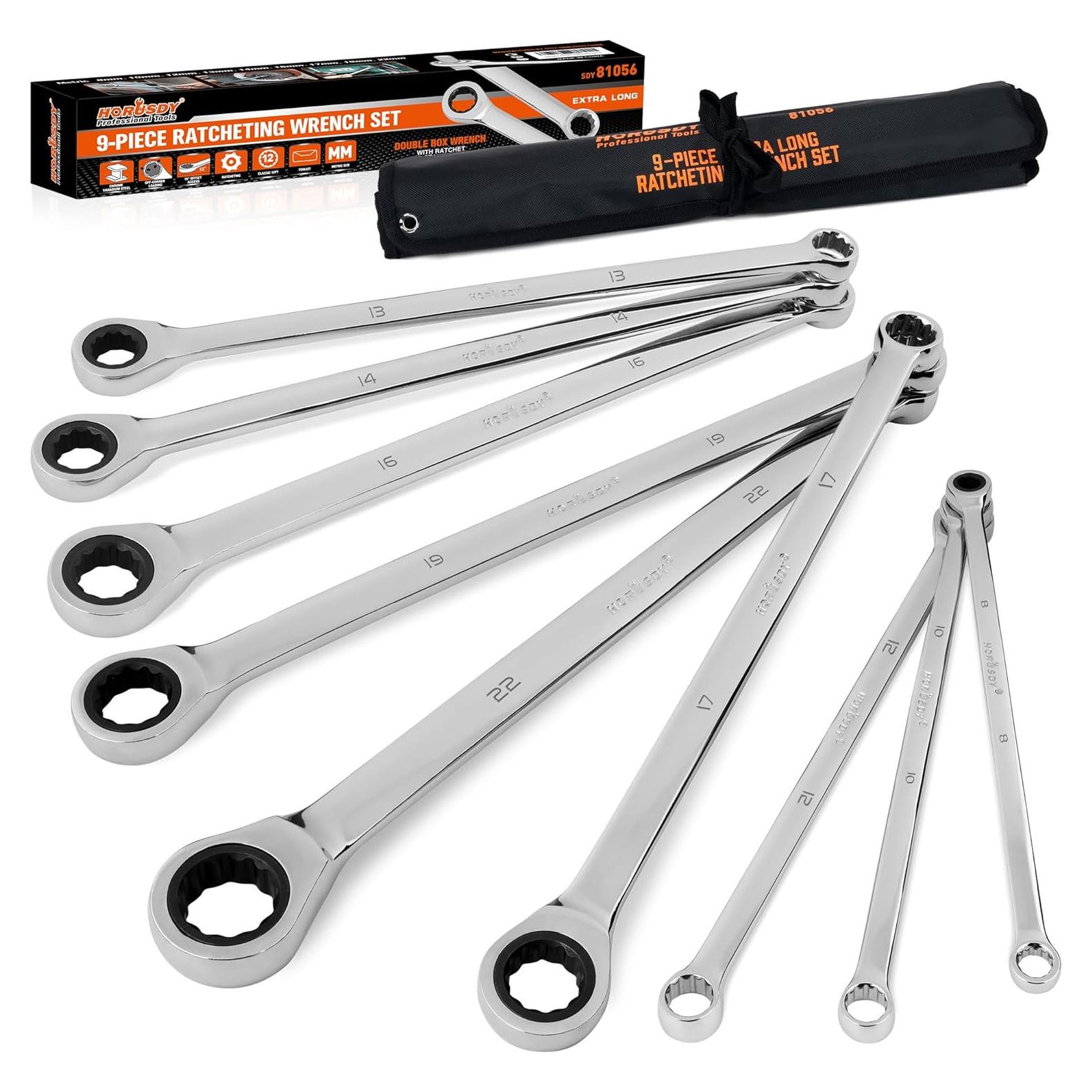 Juego de Llaves de Carraca Extra Largas HORUSDY 9 Piezas 8-22mm